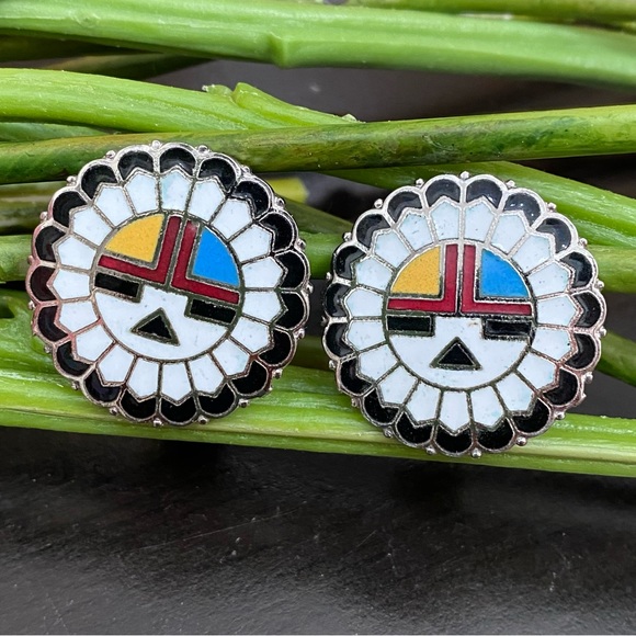 Indian Lore Genuine Copper Porcelain Enamel Inlaid Sun Face Clip On Earrings - Picture 1 of 13